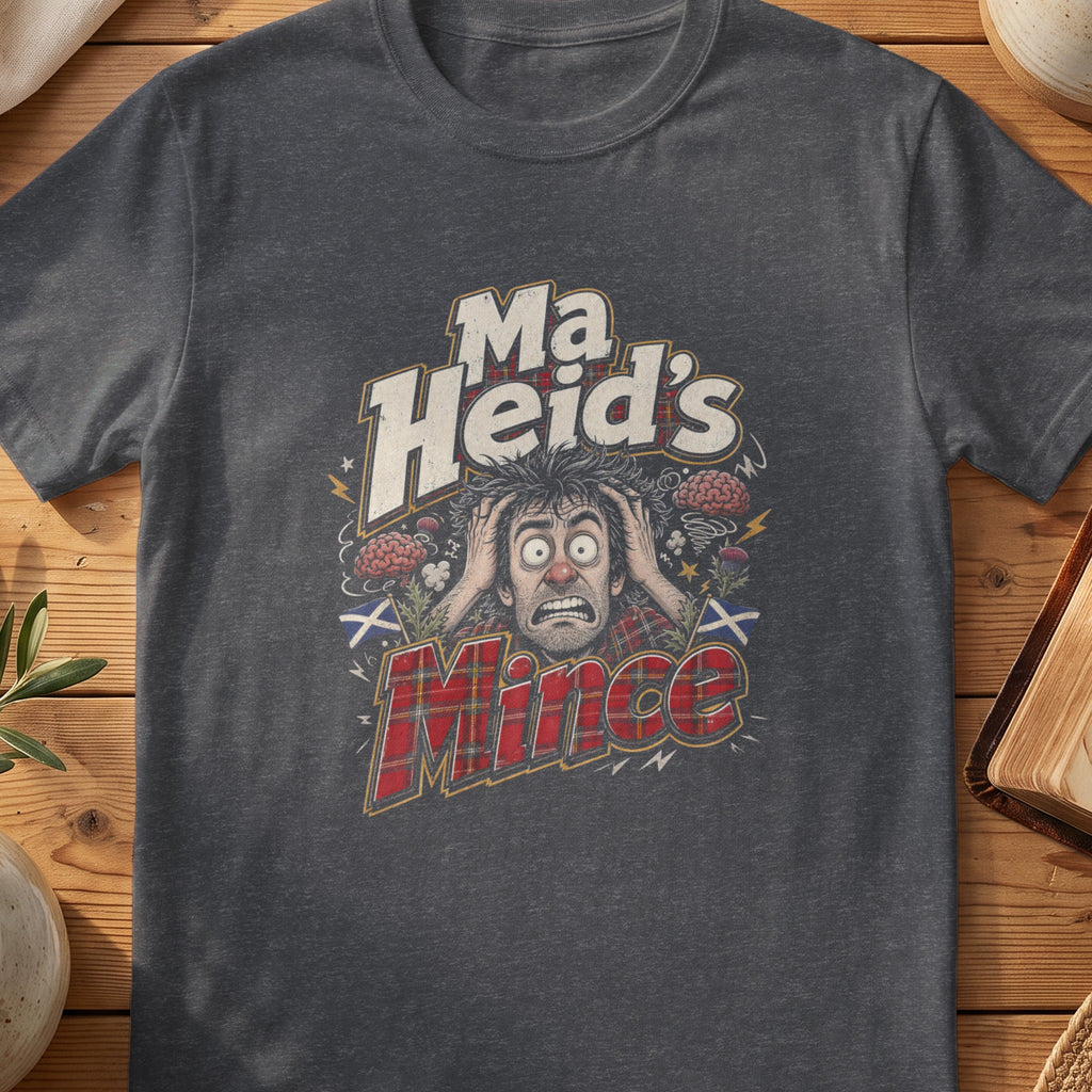 Dark grey Gildan 64000 unisex T-shirt flatlay with Ma Heid's Mince Scottish graphic design