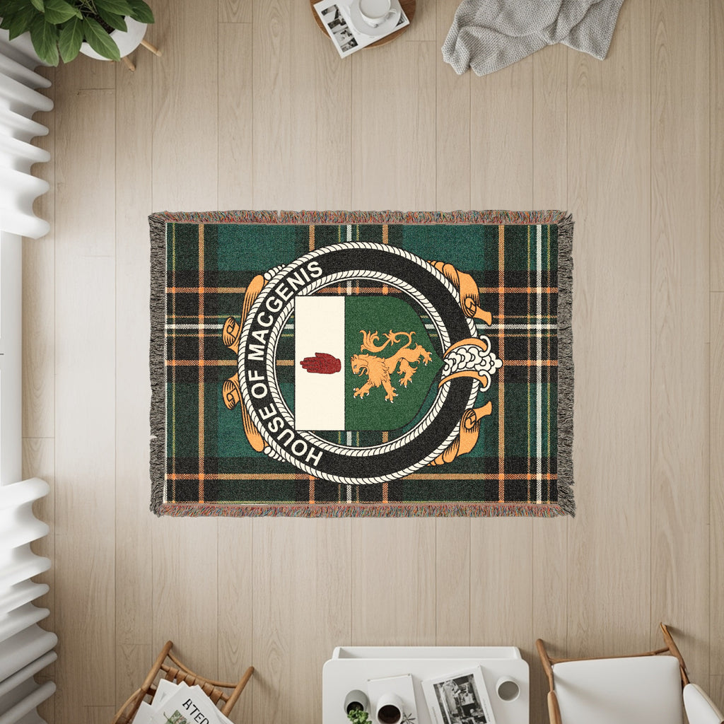 MacGenis Irish heritage woven throw with family crest emblem