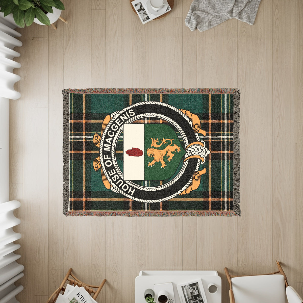 MacGenis Irish heritage woven throw with family crest emblem