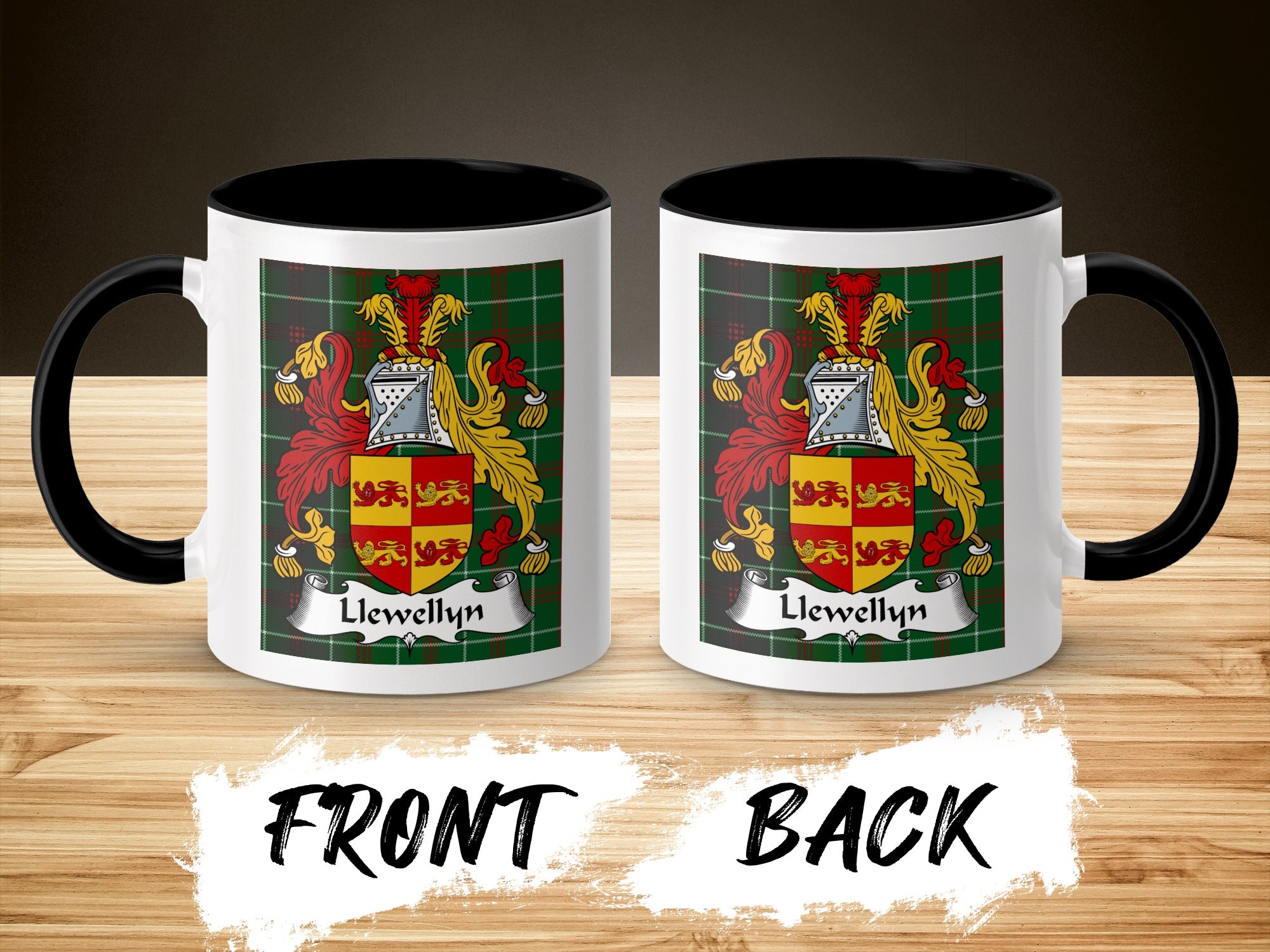 Llewellyn Welsh surname coffee mug front and back with heraldic crest on wooden background