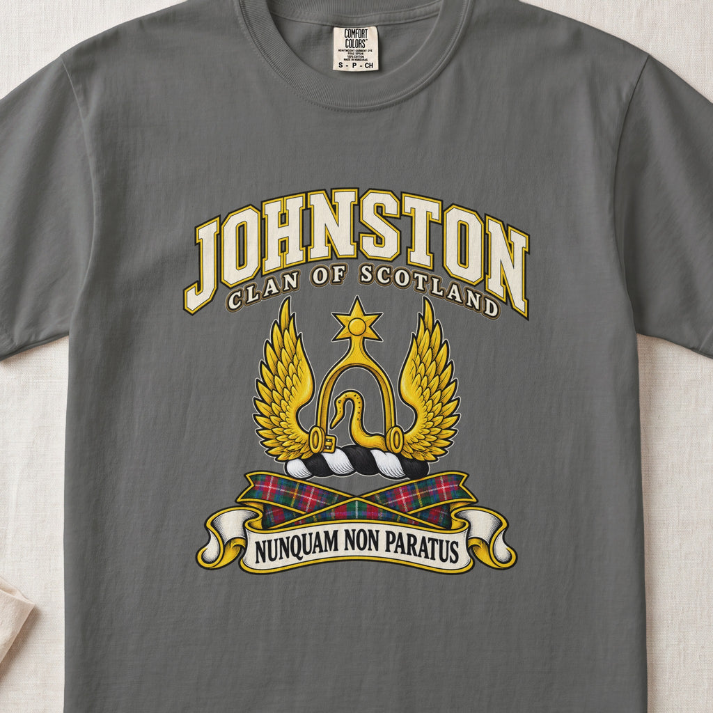 Johnston Scottish clan T-shirt in Pepper, front view with a golden winged emblem beneath a star and motto banner.