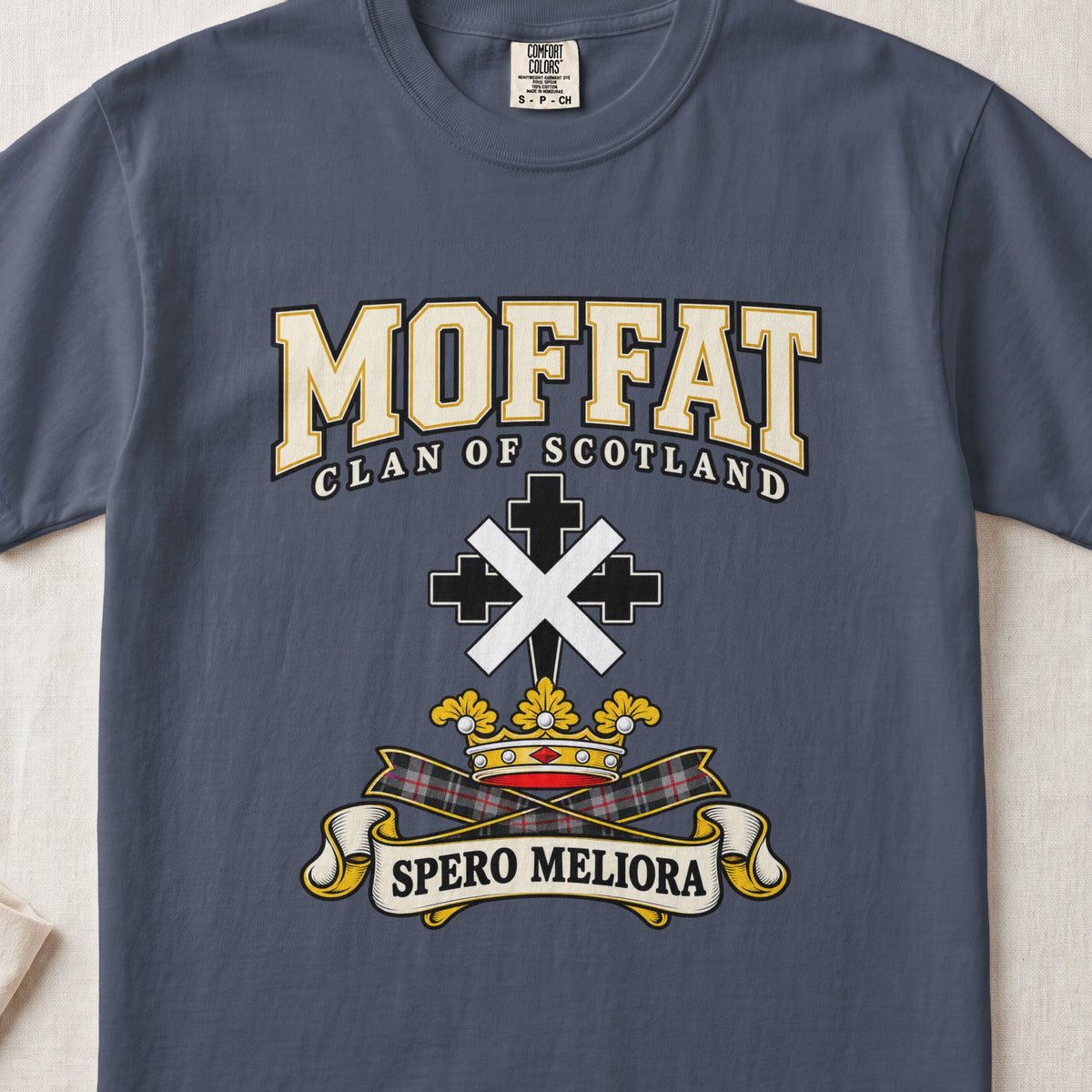 Moffat Scottish clan graphic T-shirt in Midnight, front view