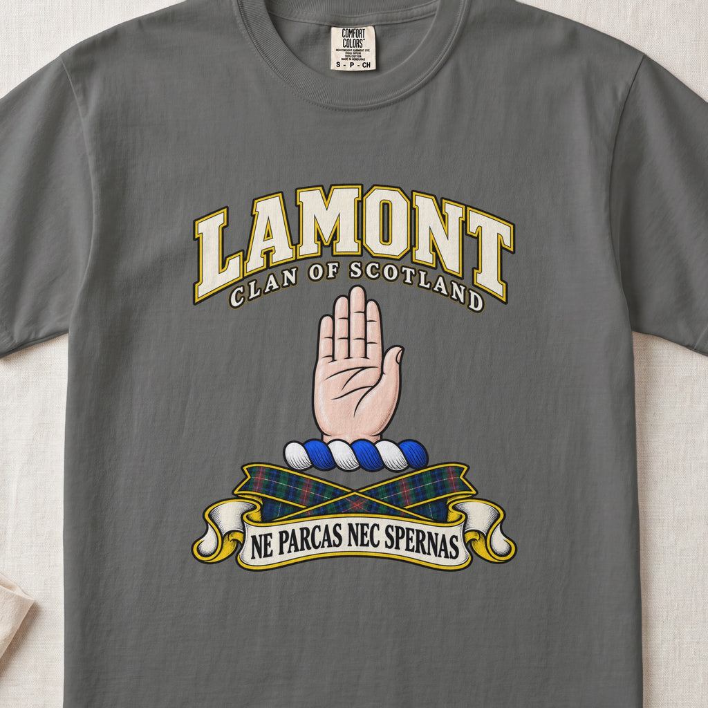 Lamont Scottish clan T-shirt in Pepper, front view with a raised open hand and motto banner.