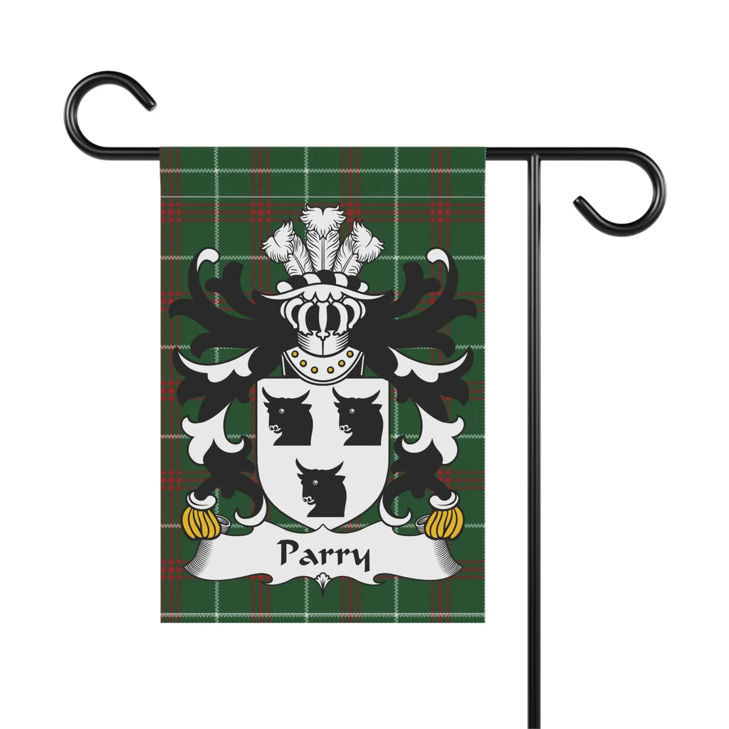 Garden flag displaying a coat of arms with the name "Parry" across a tartan background.