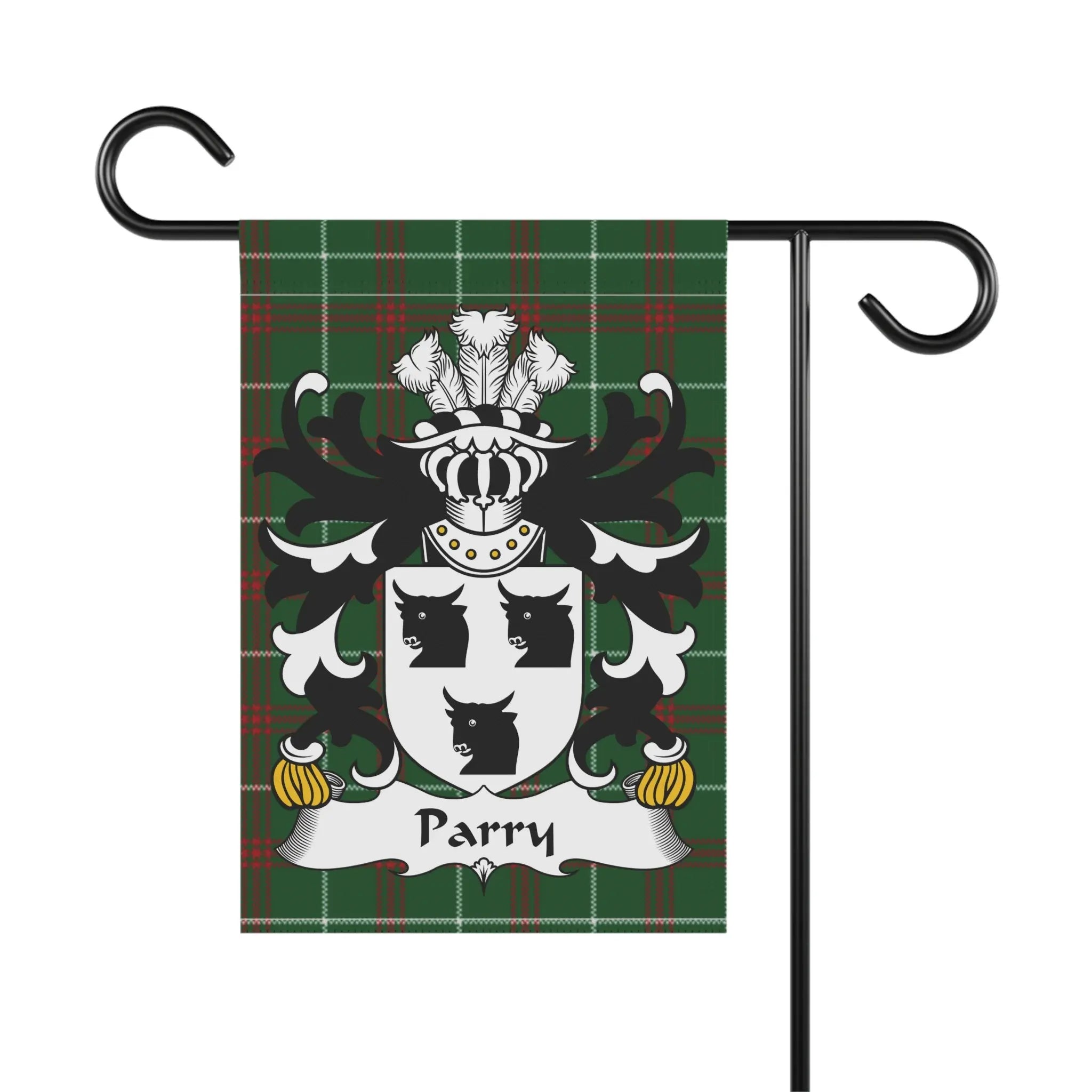 Garden flag displaying a coat of arms with the name "Parry" across a tartan background.