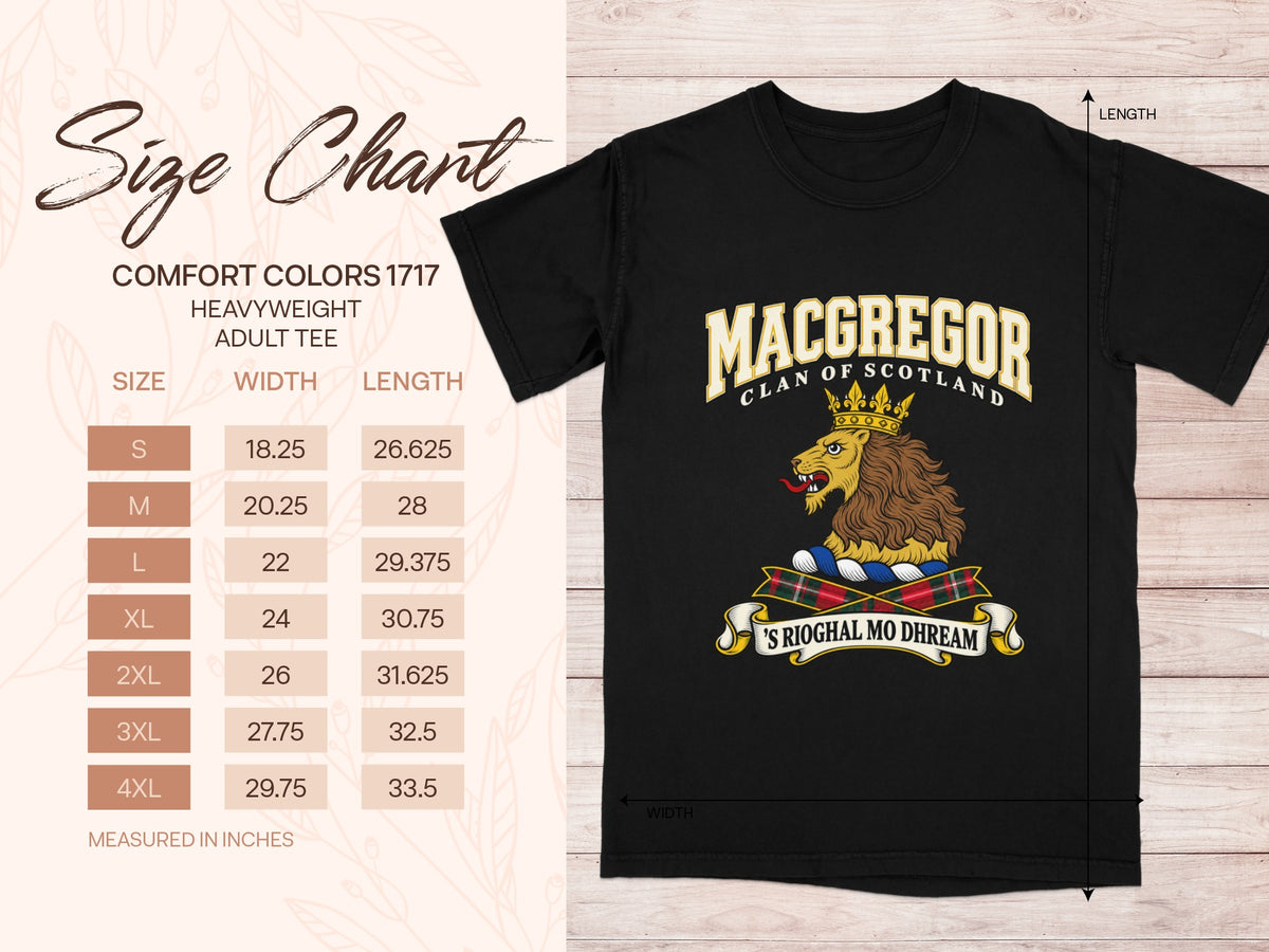 Comfort Colors 1717 size chart with shirt width and length in inches for sizes S to 4XL, beside the MacGregor design.