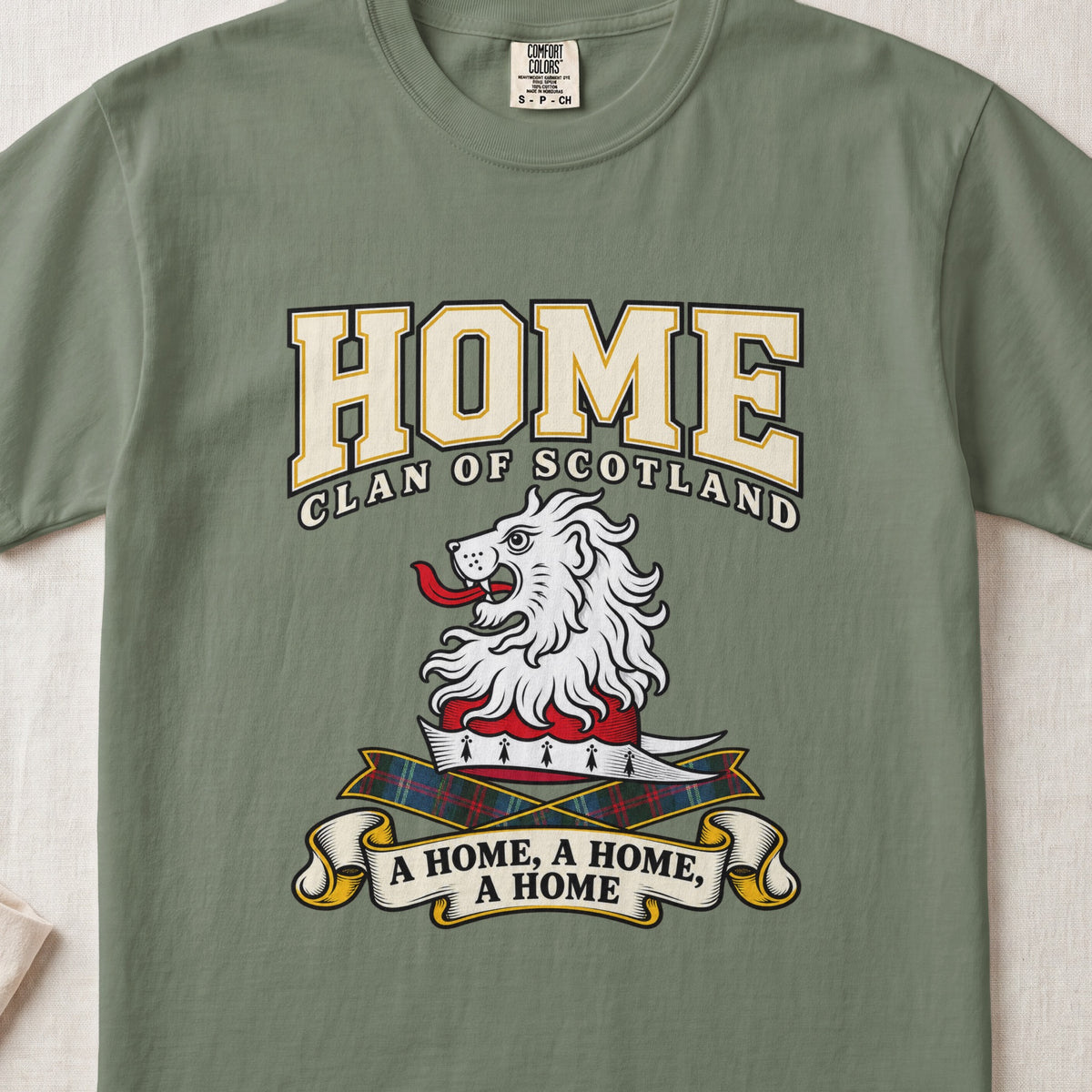 Home Scottish clan graphic T-shirt in Moss, front view