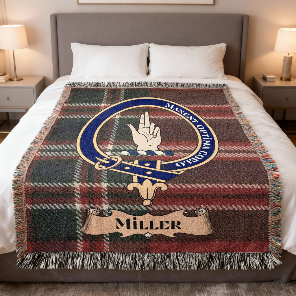 Miller clan crest and name on tartan woven throw blanket — 100% cotton