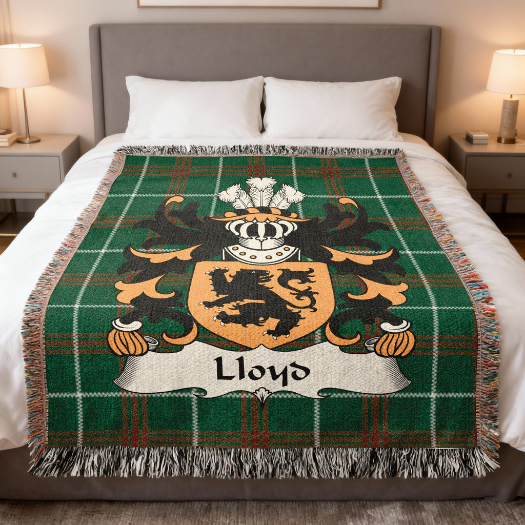 Lloyd Welsh crest woven blanket on Welsh national tartan
