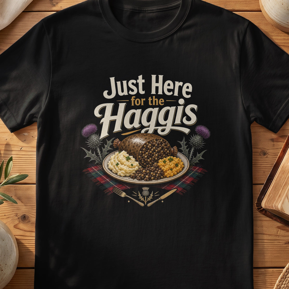 Black Gildan 64000 unisex T-shirt flatlay with Just Here for the Haggis Scottish graphic design