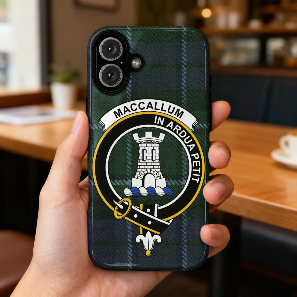 MacCallum Scottish tartan crest phone case — shown on iPhone, glossy finish detail