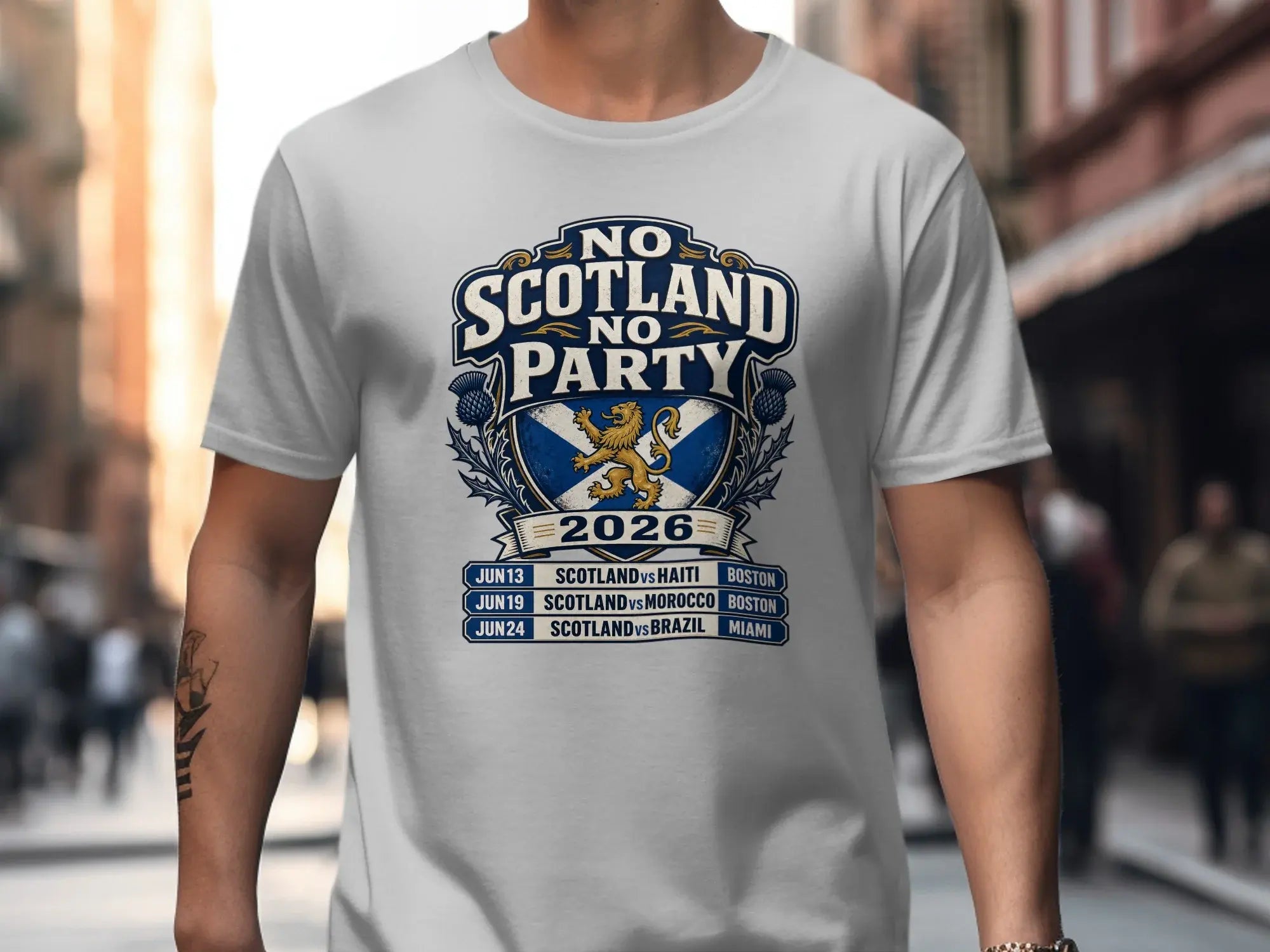 T-shirt with Scotland flag and soccer match schedule.