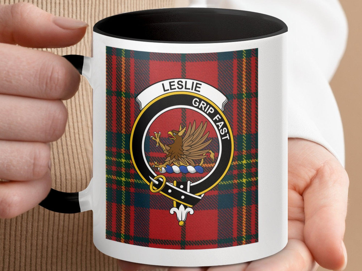 Leslie Crest on Scottish Tartan Plaid with Clan Motto Mug - Living Stone Gifts