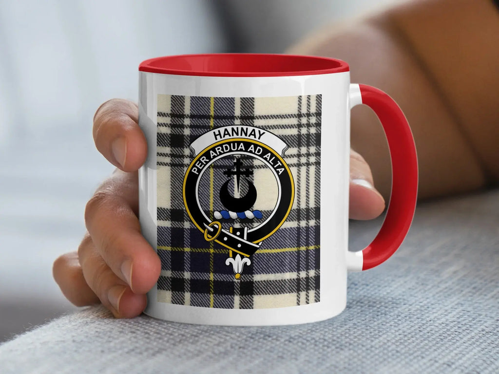 Hannay clan crest ceramic mug — close-up of tartan pattern and crest on 11oz cup