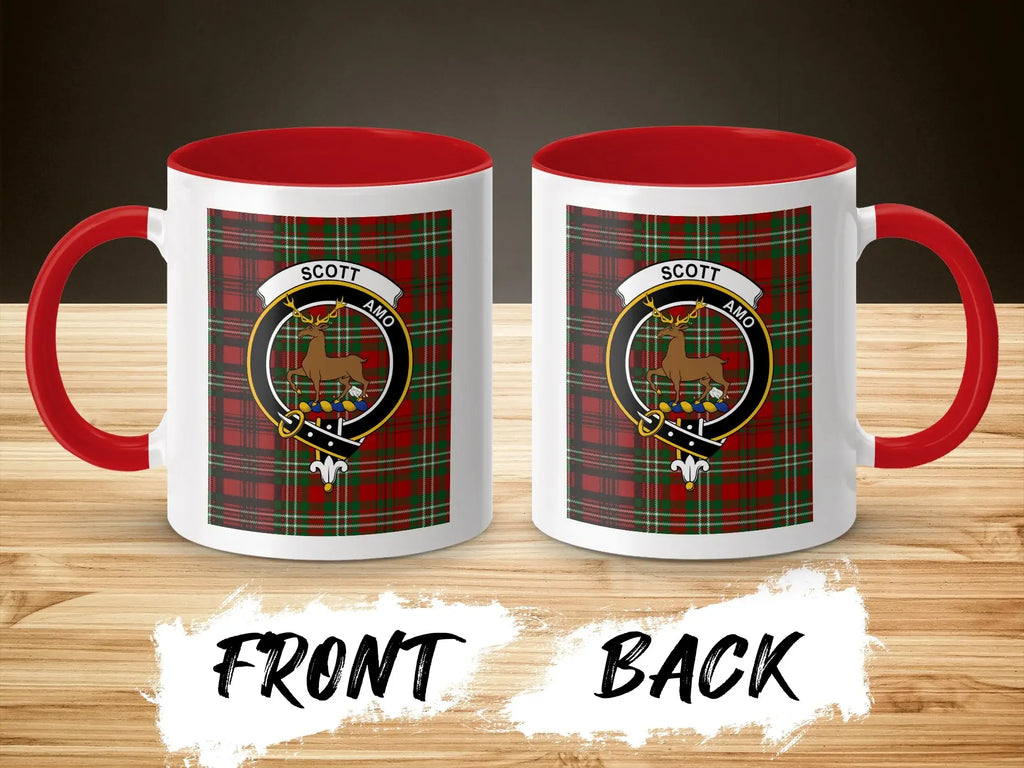 Clan Scott tartan mug with navy handle — deer crest, 15oz glossy ceramic
