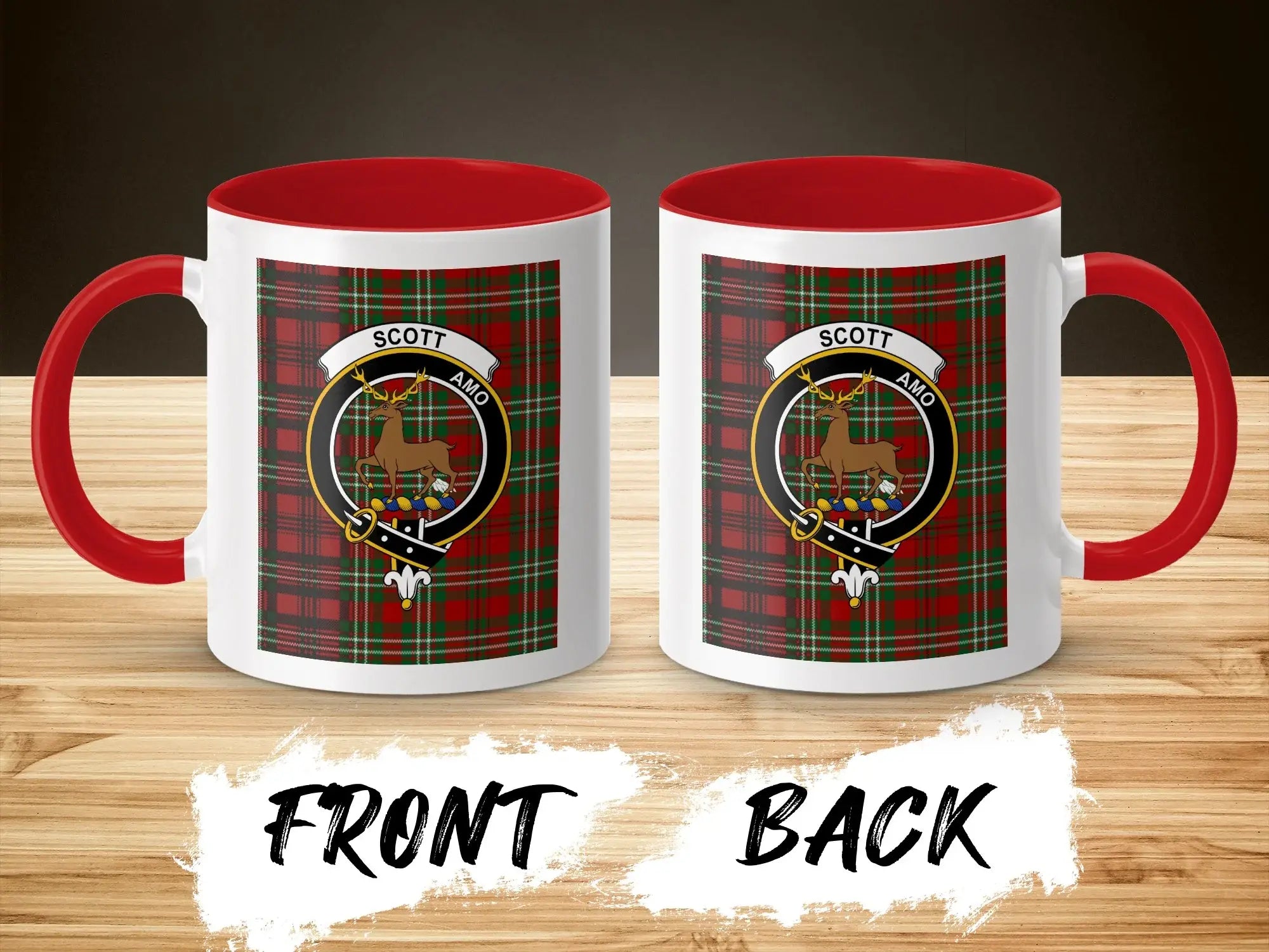 Clan Scott tartan mug with navy handle — deer crest, 15oz glossy ceramic