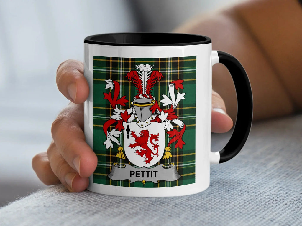 Pettit Irish family crest black accent mug with Irish National Tartan