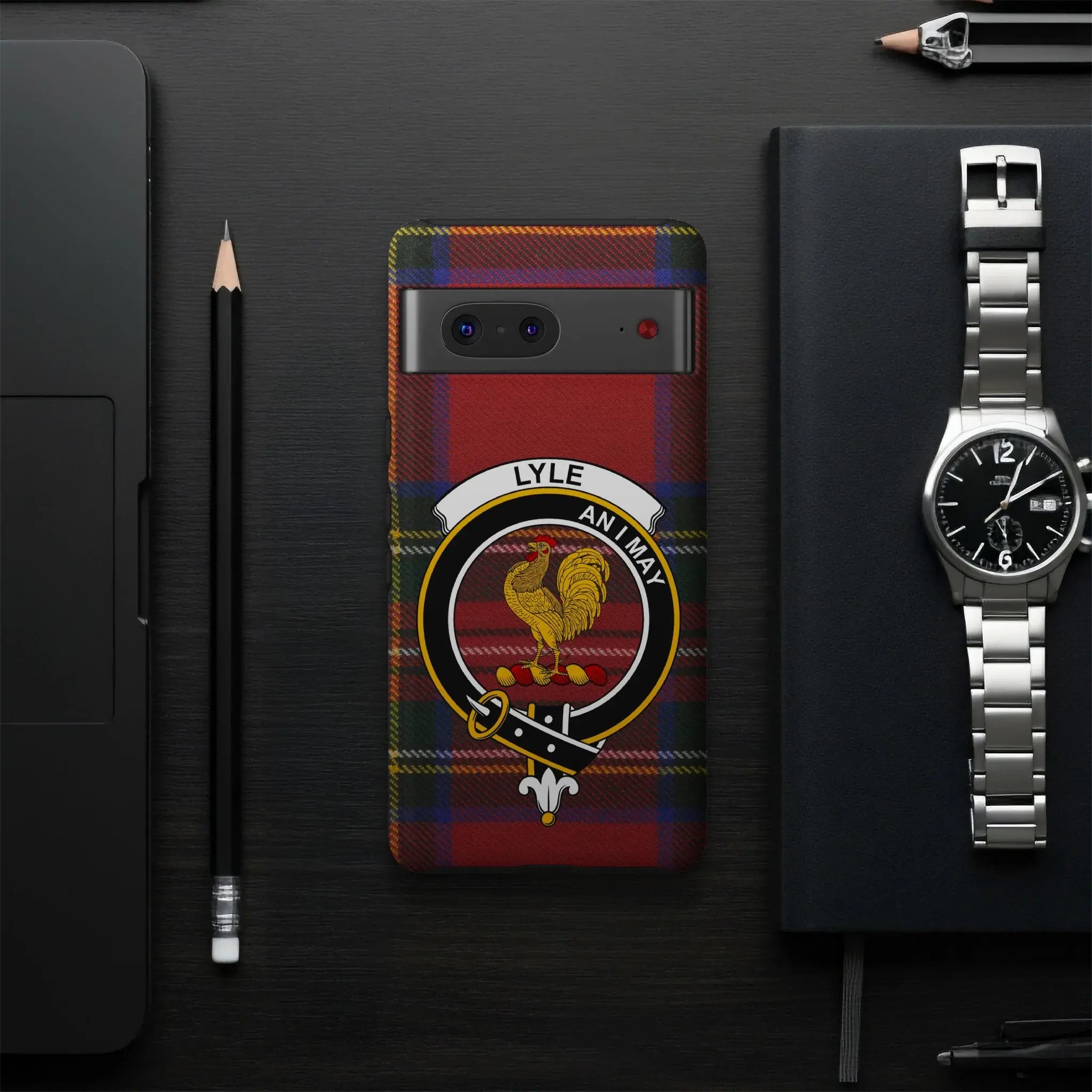 Clan Lyle Tartan Phone Case With Rooster Crest Design