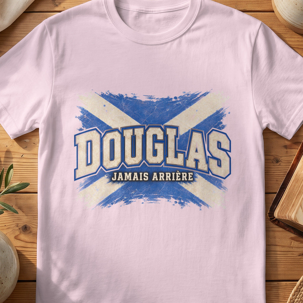 Douglas Scottish Saltire T-shirt in Light Pink, with distressed blue and cream flag and “Jamais Arrière” lettering.