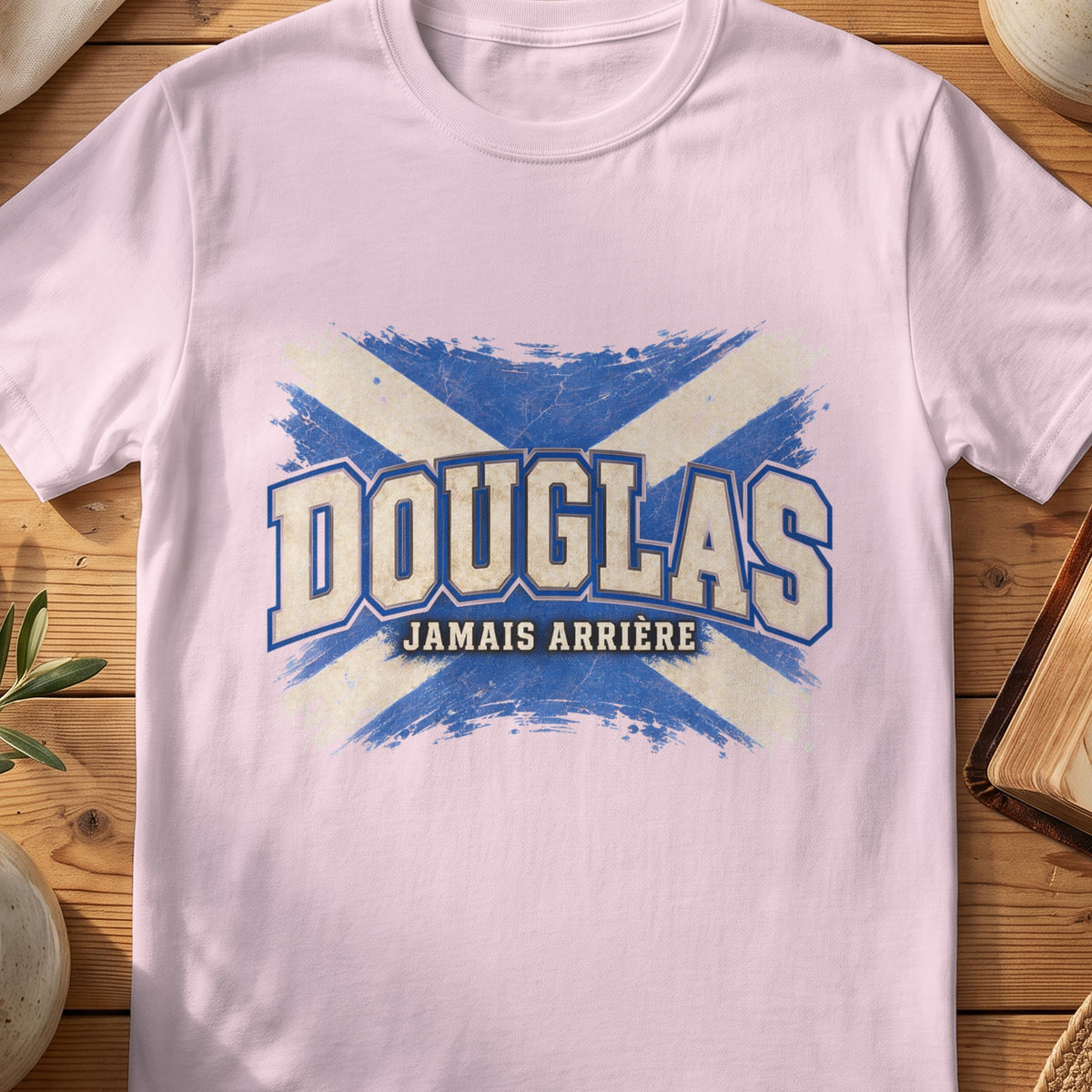 Douglas Scottish Saltire T-shirt in Light Pink, with distressed blue and cream flag and “Jamais Arrière” lettering.