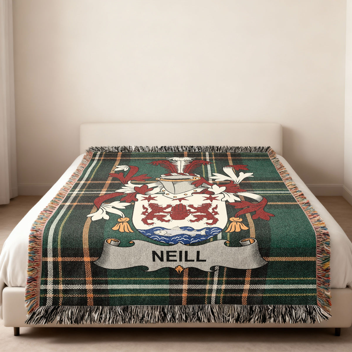 Neill Irish family crest tartan woven blanket shown full length