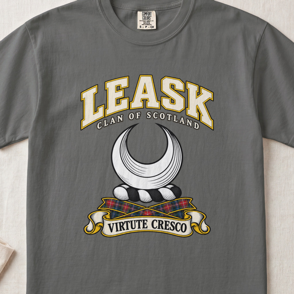 Leask Scottish clan T-shirt in Pepper, front view with a silver crescent and motto design.