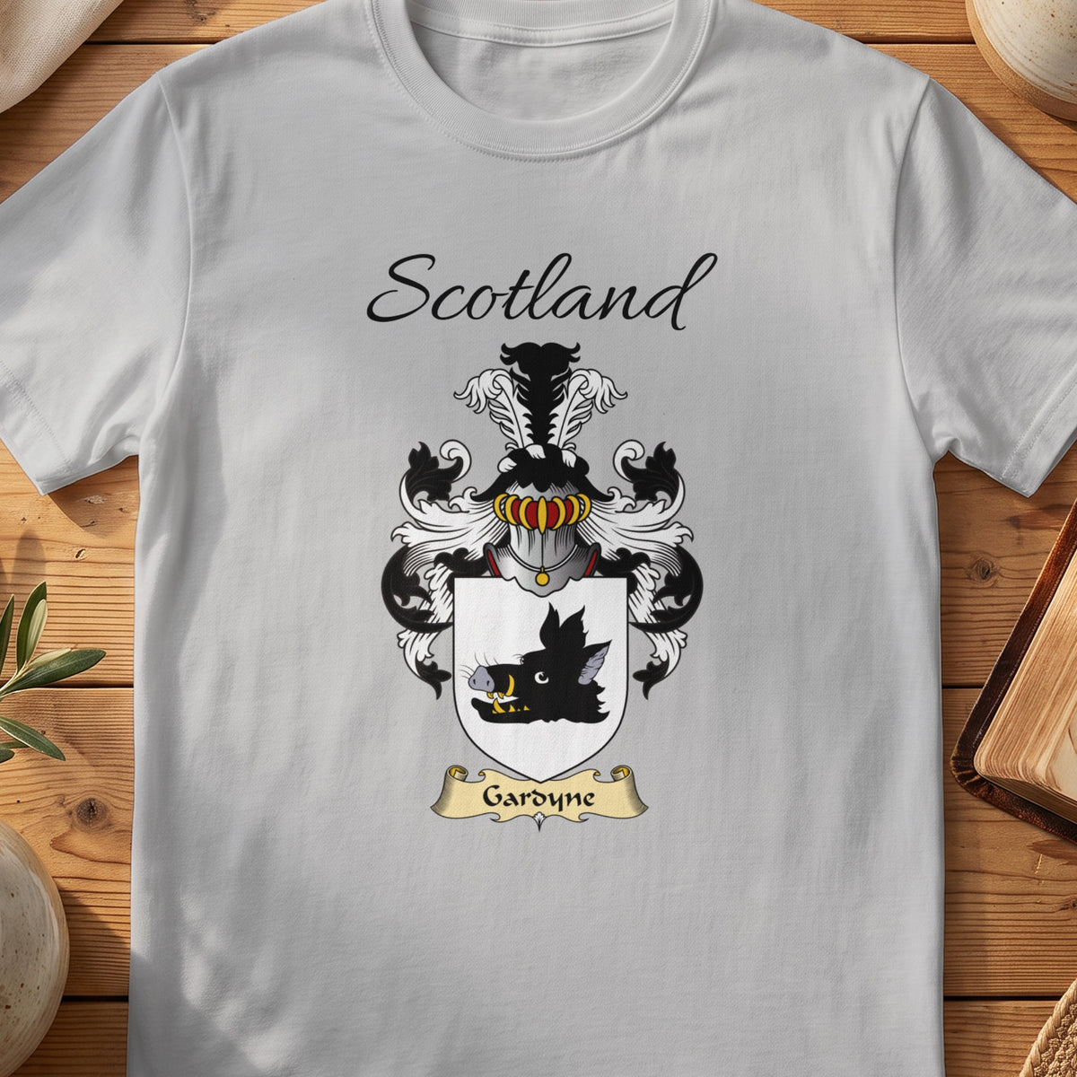 Sport Grey Gardyne Scottish family shield T-shirt featuring a black boar head on white