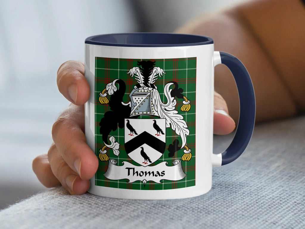 Thomas Welsh family crest mug with navy rim and tartan background