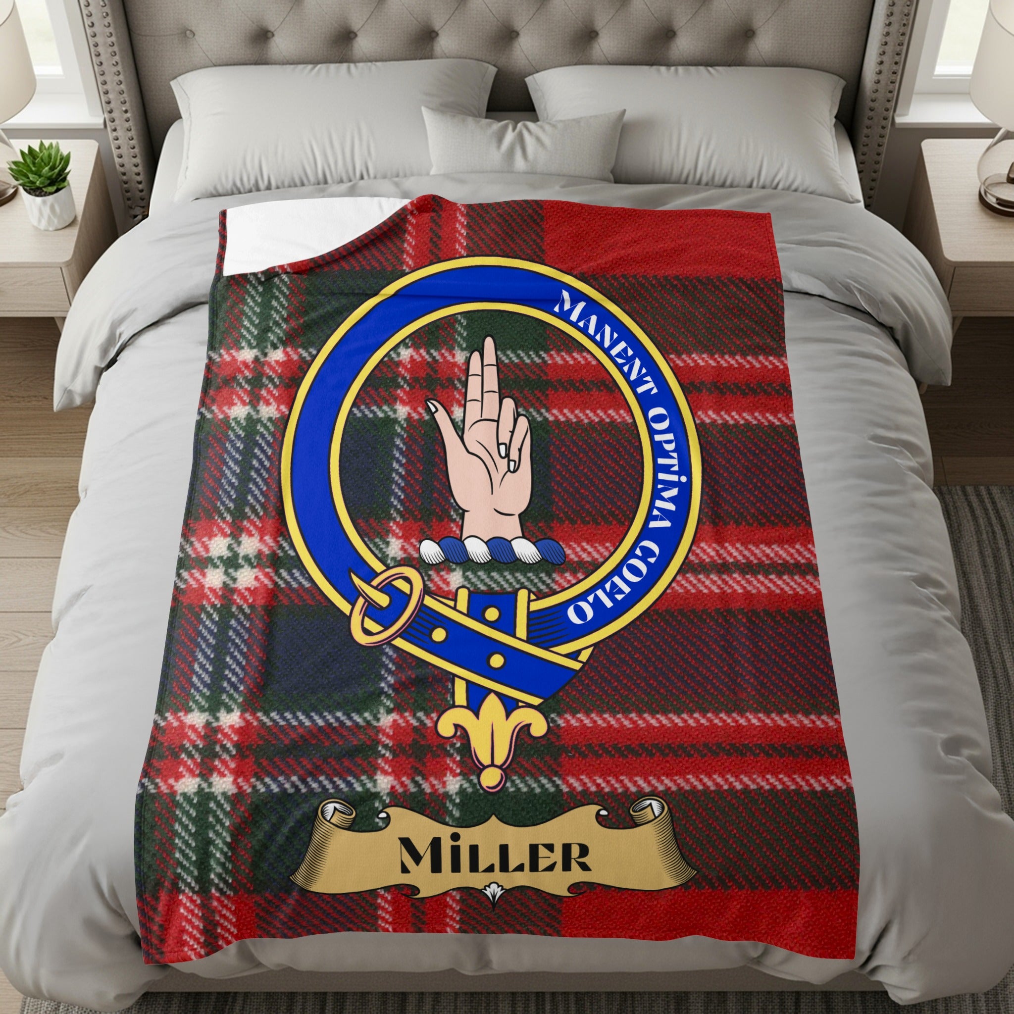 Miller clan crest with hand emblem on tartan throw blanket