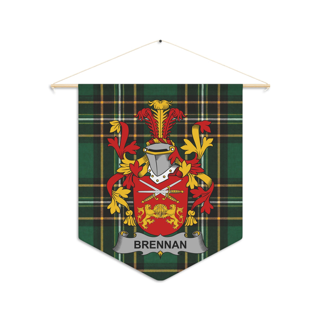 Brennan family crest on a green plaid banner with a wooden dowel and string.