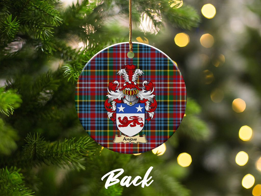 Double-sided Angus ceramic ornament with family shield and Caledonia tartan background