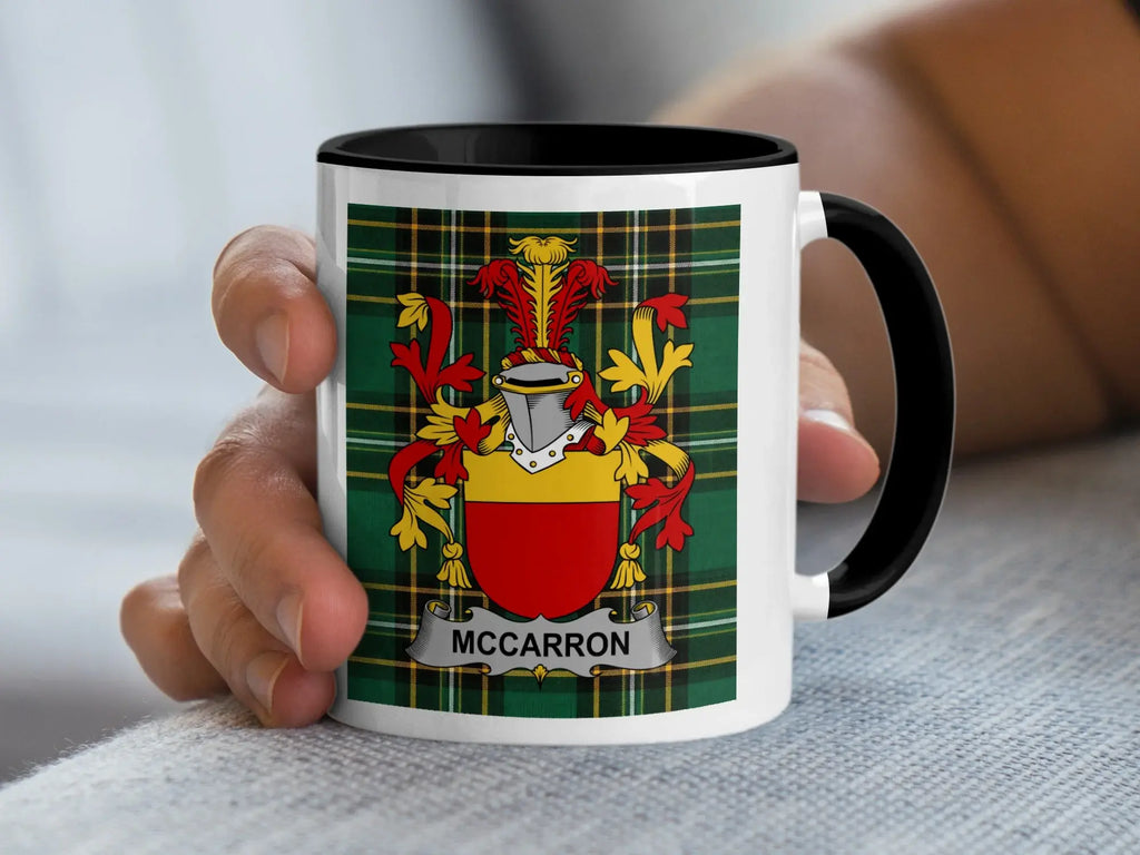 McCarron Irish family crest black accent mug