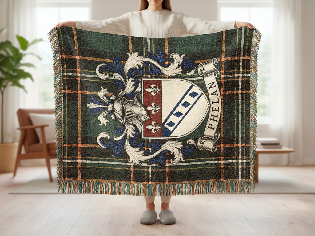 Phelan Irish National Tartan woven blanket with family crest and fringed edges