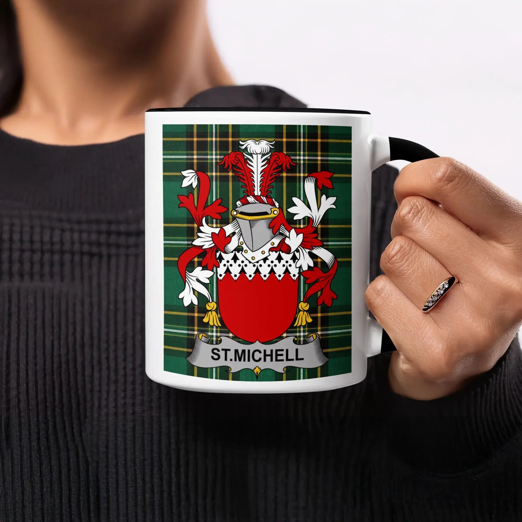Mug with tartan background and crest displaying "ST. MICHELL".
