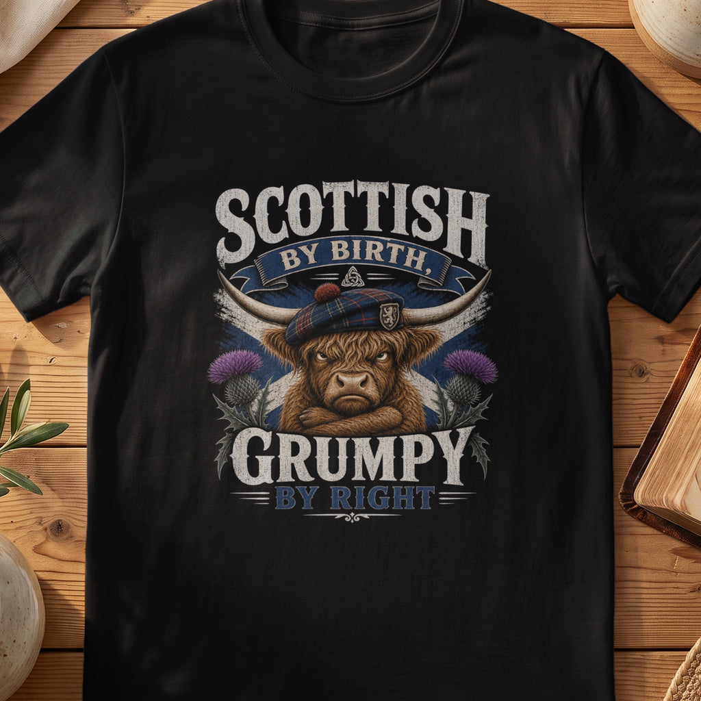 Black Gildan 64000 unisex T-shirt flatlay with Scottish by Birth Grumpy by Right Scottish graphic design