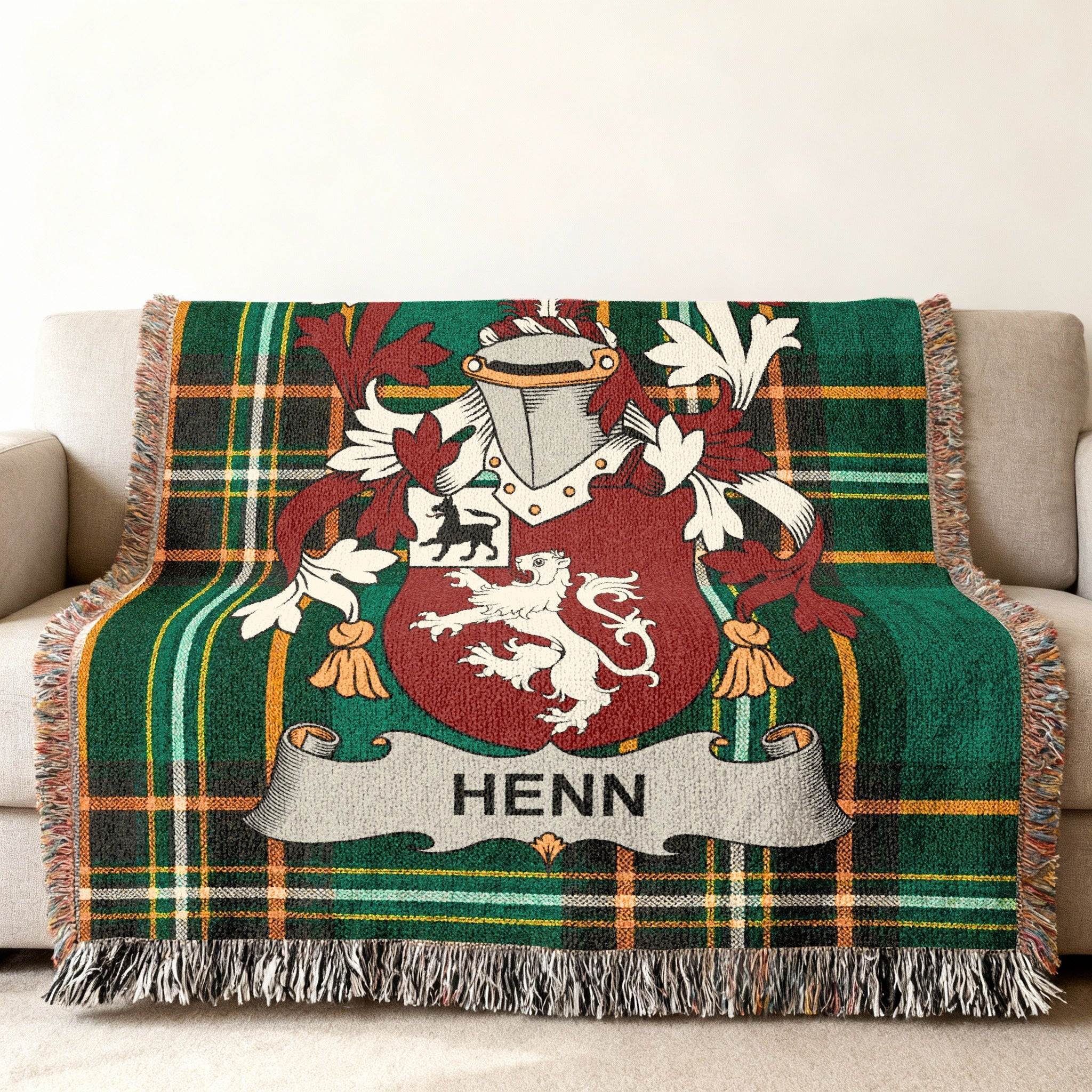 Tartan throw blanket featuring the Henn family crest.