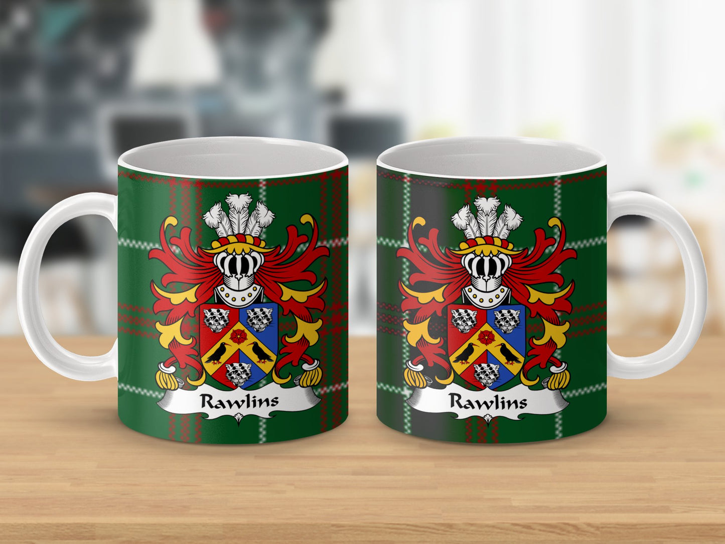 Rawlins Welsh Surname Coat of Arms on Tartan Background Mug - Living Stone Gifts