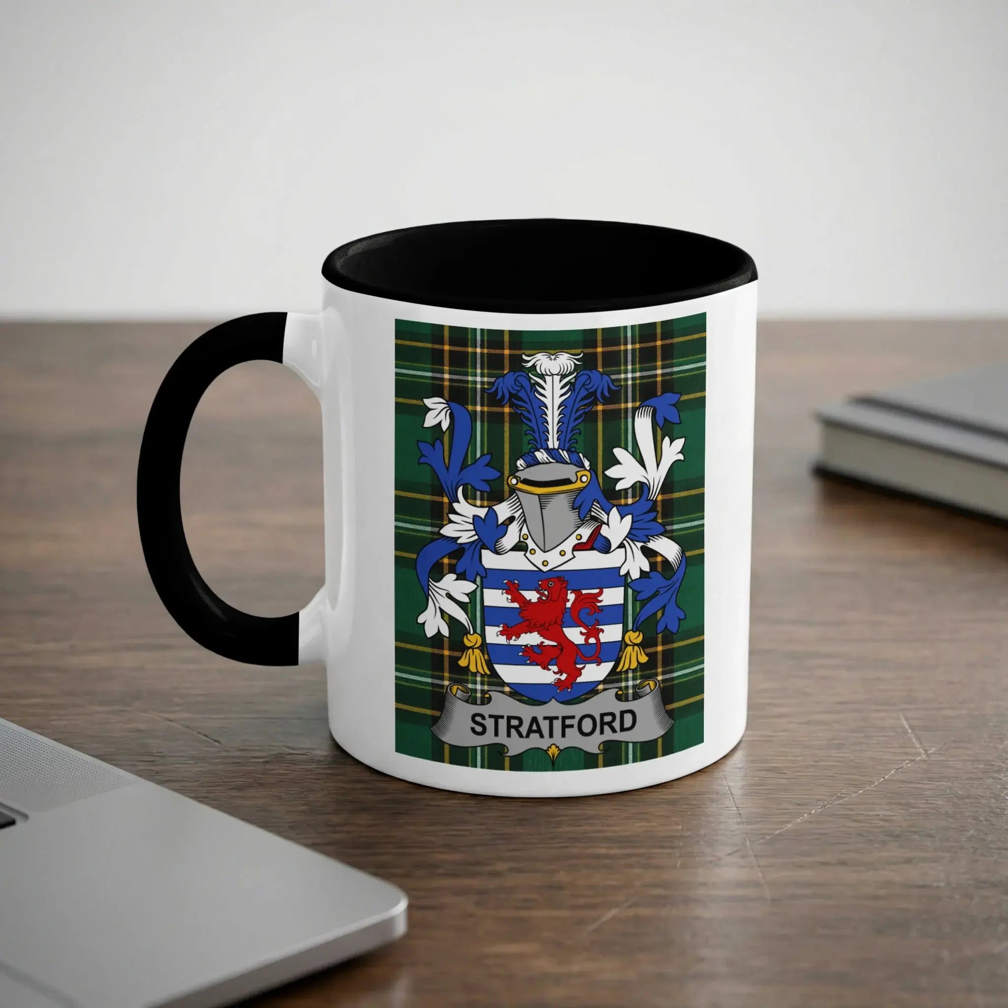 Stratford Irish heritage mug with black interior and family crest