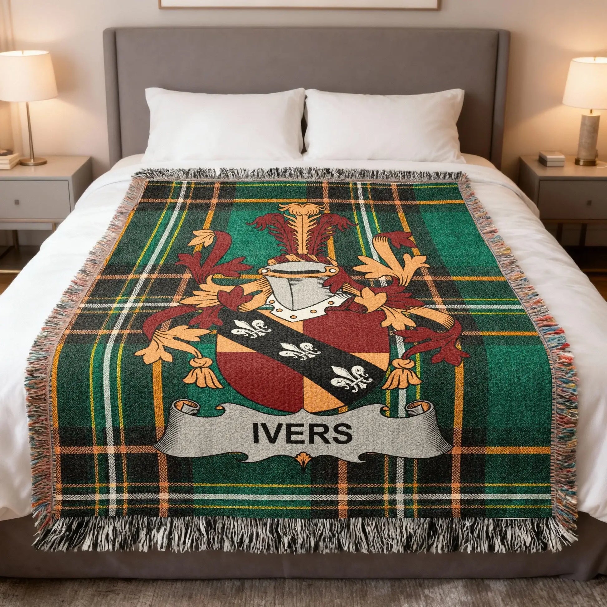Tartan blanket featuring the Ivers family crest with a shield and banner.