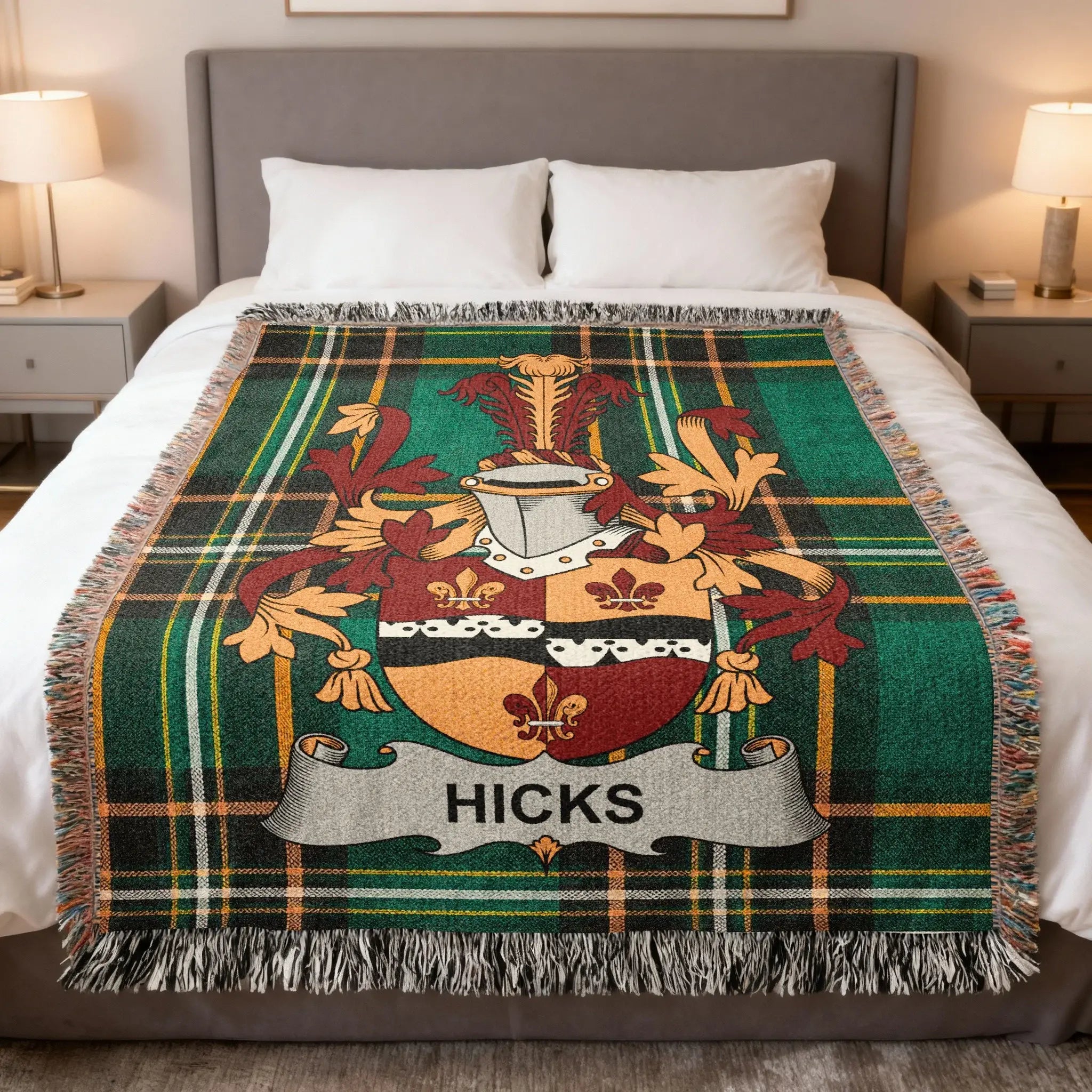 Green plaid throw blanket with a family crest featuring the name "HICKS".