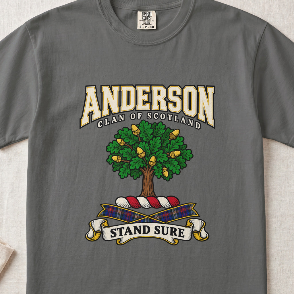 Anderson Scottish clan graphic T-shirt in Pepper, front view
