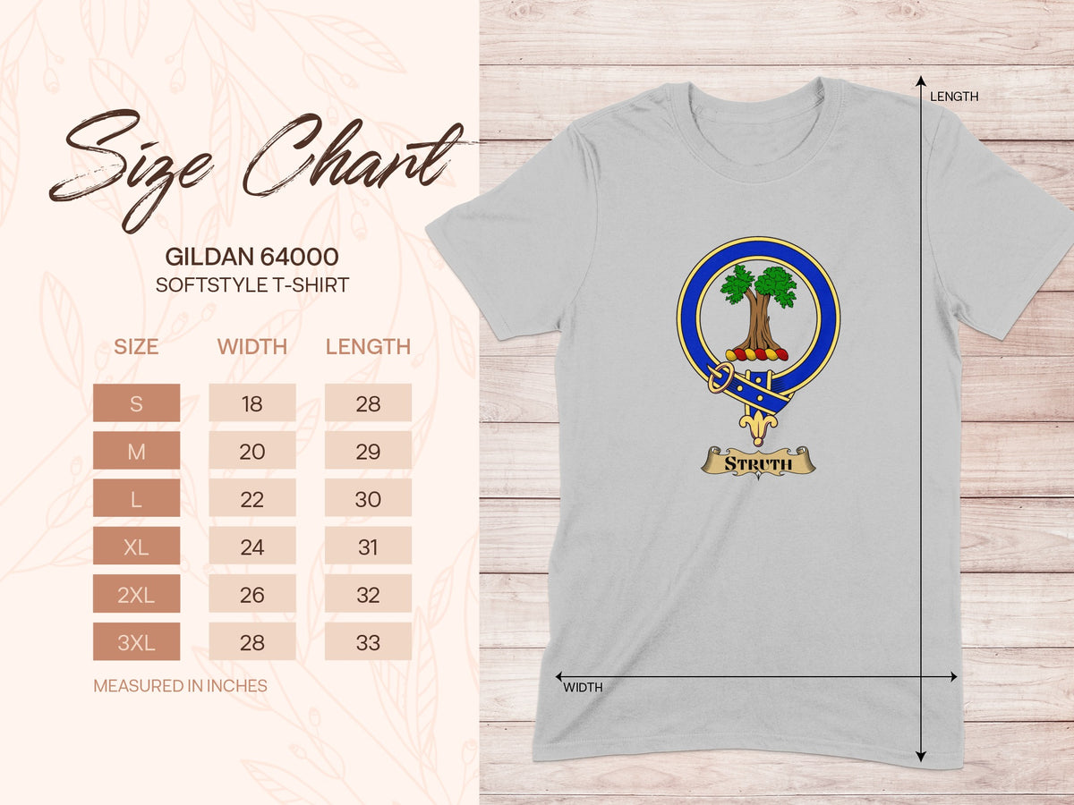 Gildan 64000 size chart for Struth Scottish clan crest T-shirt