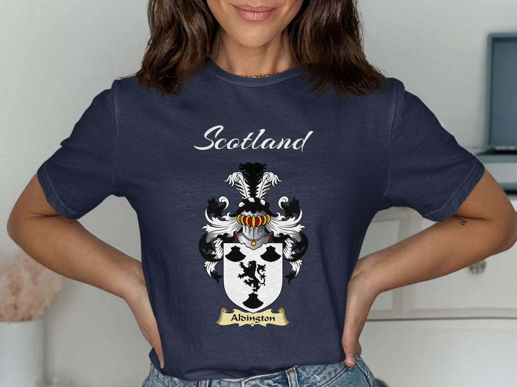 Alsington Scottish family shield design on Navy T-shirt