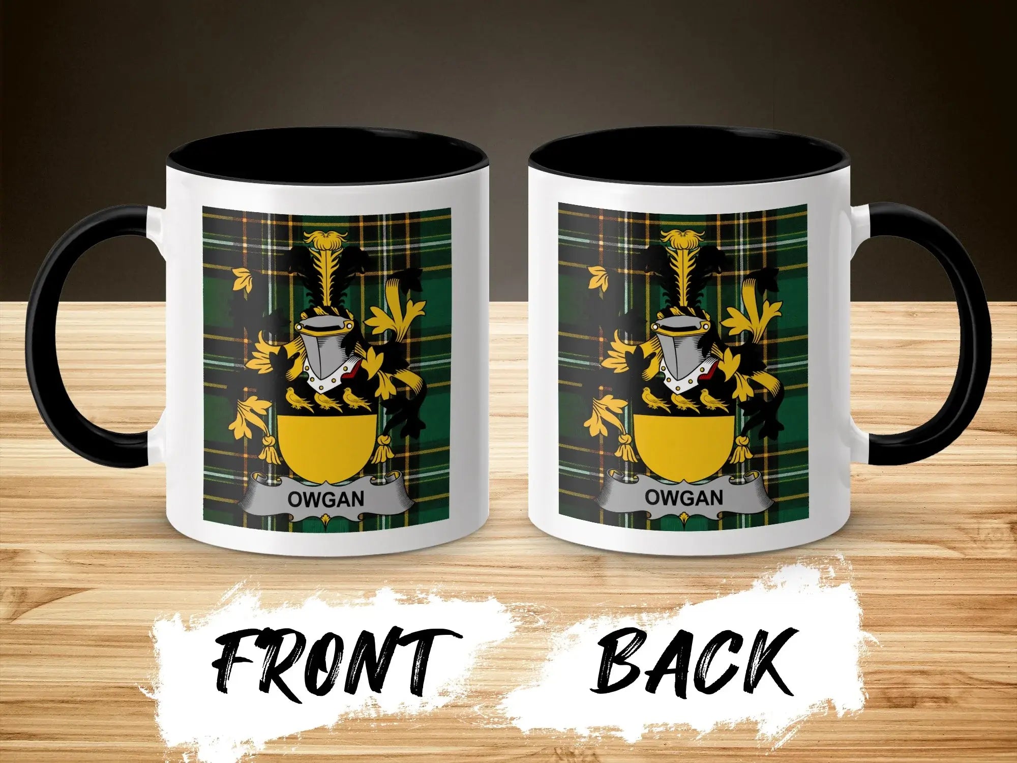 Owgan ceramic mug with black handle and family crest on tartan background
