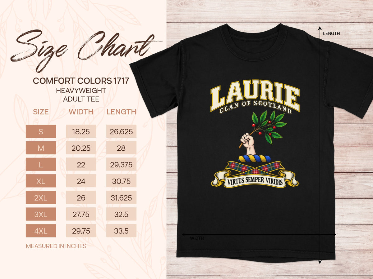 Comfort Colors 1717 size chart for the Laurie Scottish clan T-shirt, adult sizes S–4XL.