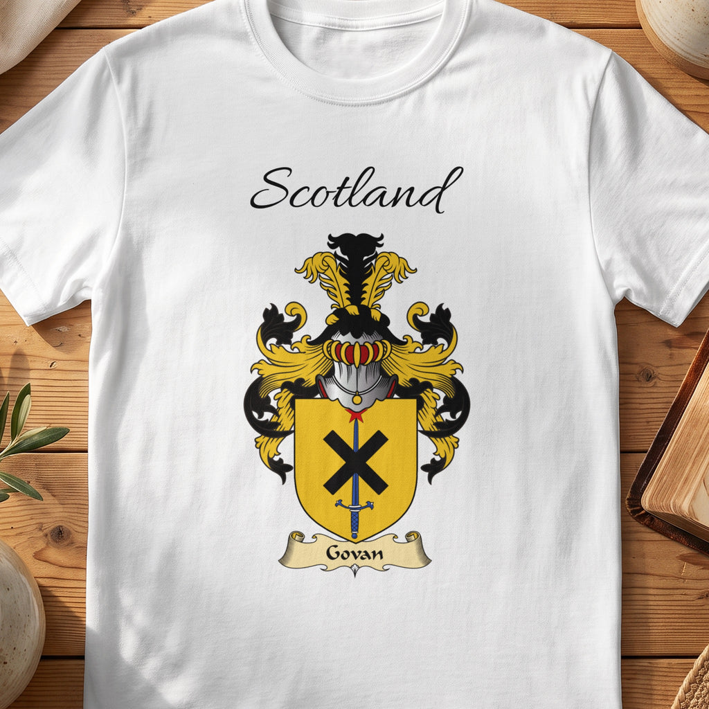 White Govan Scottish family shield T-shirt featuring a black diagonal cross on a gold shield