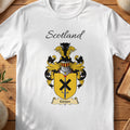 White Govan Scottish family shield T-shirt featuring a black diagonal cross on a gold shield