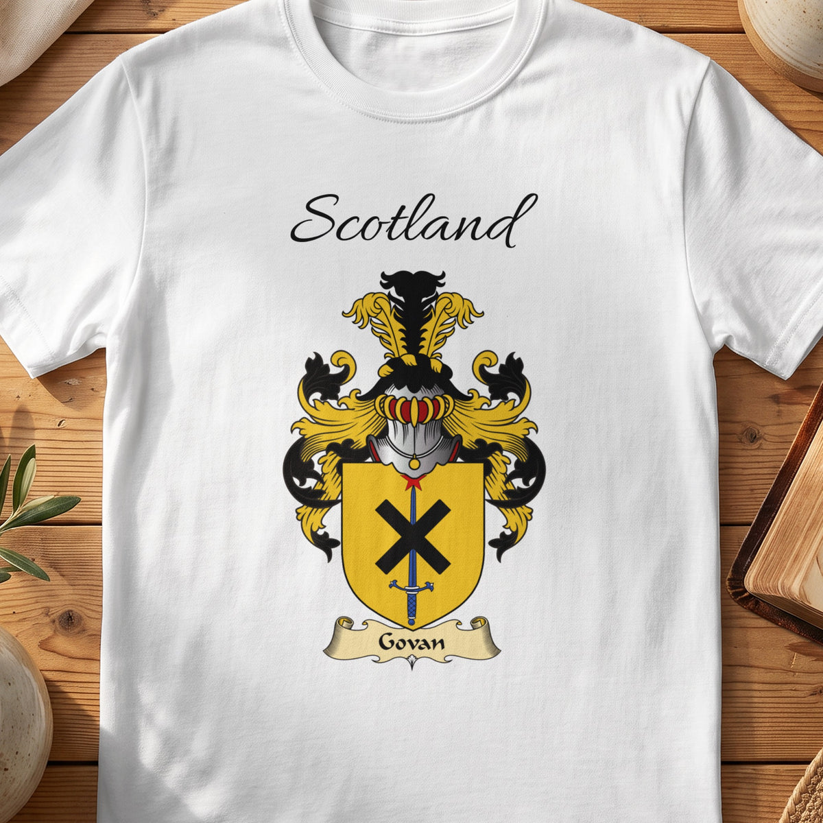 White Govan Scottish family shield T-shirt featuring a black diagonal cross on a gold shield