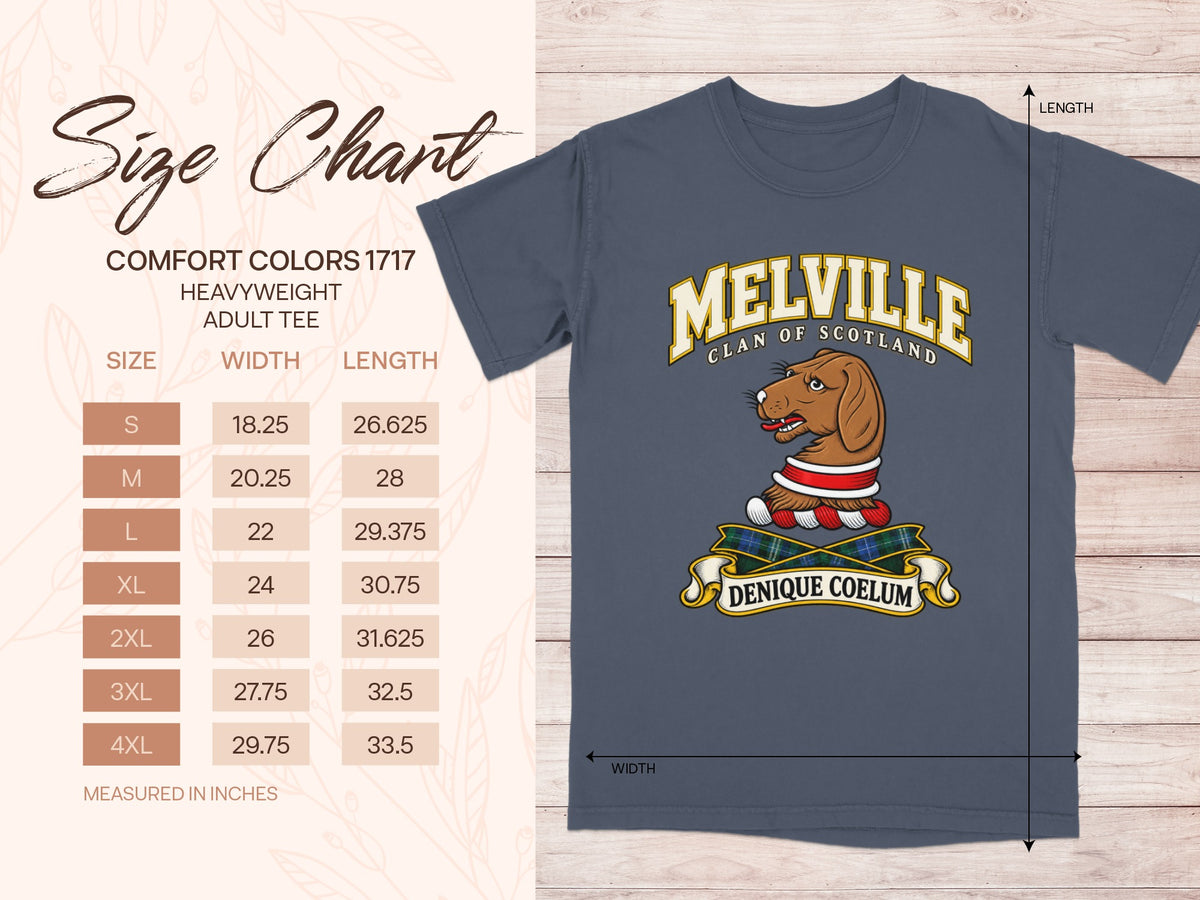 Comfort Colors 1717 size chart for the Melville Scottish clan T-shirt, adult sizes S–4XL.