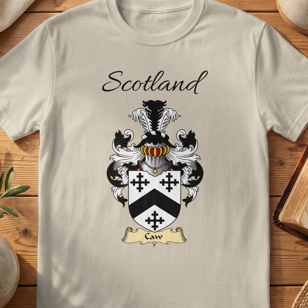 Sand Caw Scottish family shield T-shirt featuring a black chevron between black crosses
